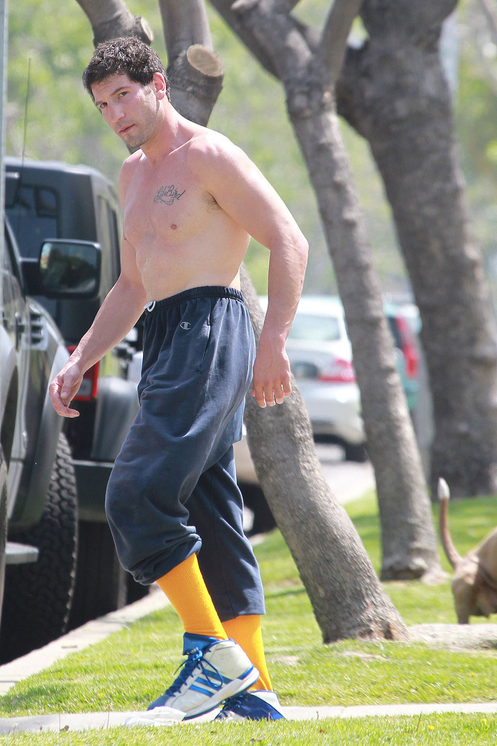 Jon Bernthal shirtless, shaved and with bright yellow socks: would you hit ...